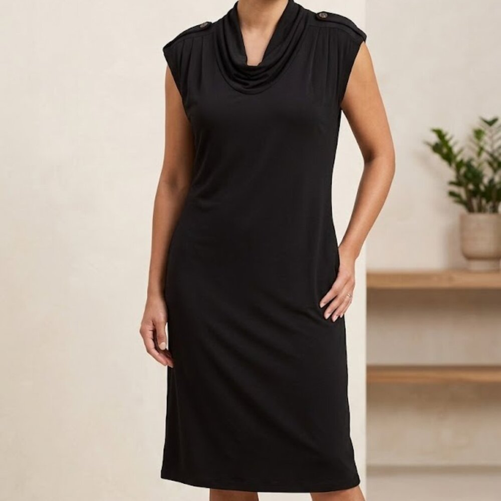 Cowl Neck Black Sleeveless Dress‎ Shoulder Button Detail Size M Medium